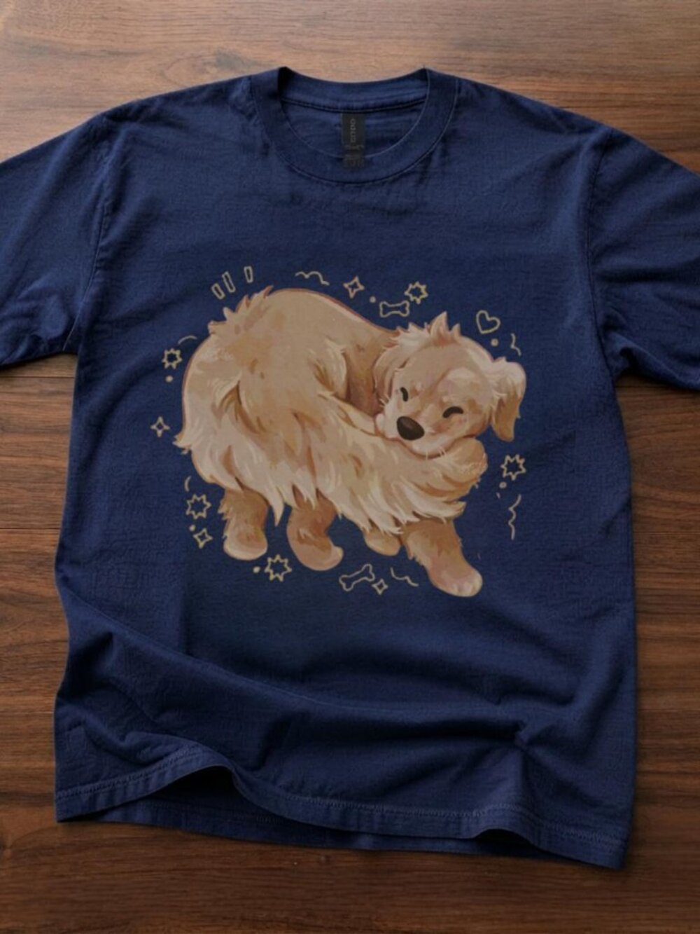 Golden Retriever Dog Graphic Navy Tee Reprinted T-Shirt